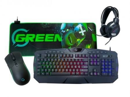 Greencom 4-in-1 Gaming Bundle - Greencom Z1 Exo Pro Gaming Mus, X2 Cosmic Musematte, G3 Eclipse Headset, V4 Core RGB Tas